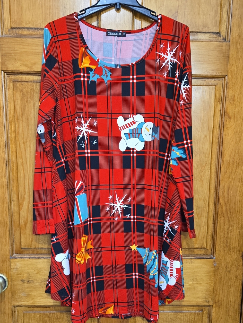 Red Plaid Midi Dress with Festive Snowman Print